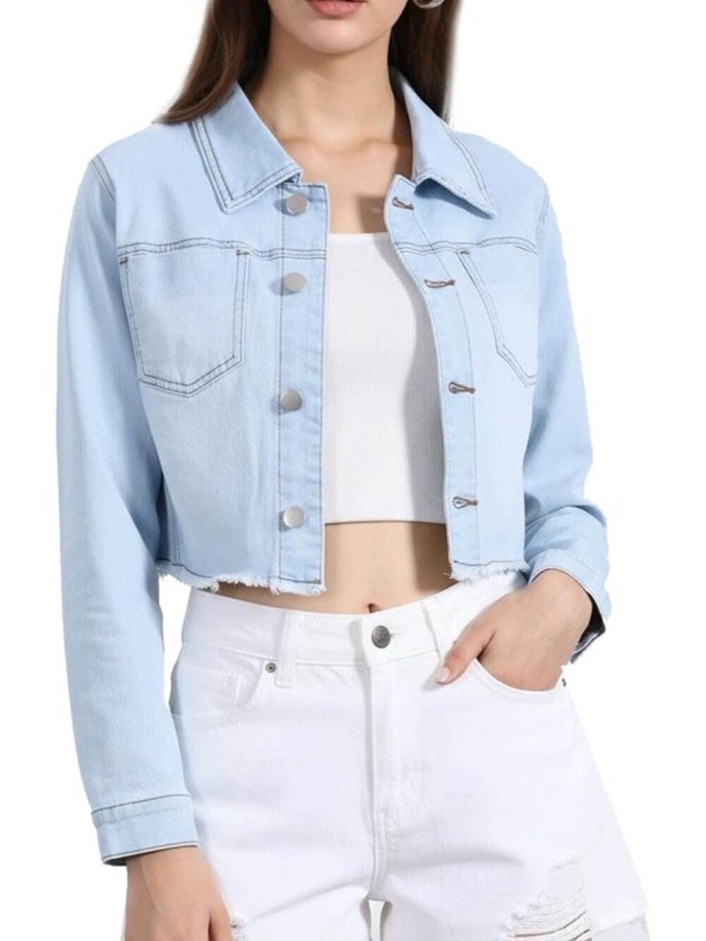 Womens Sky Blue Cropped Frayed Hem Turndown Collar Button Up Trendy Denim Jacket
